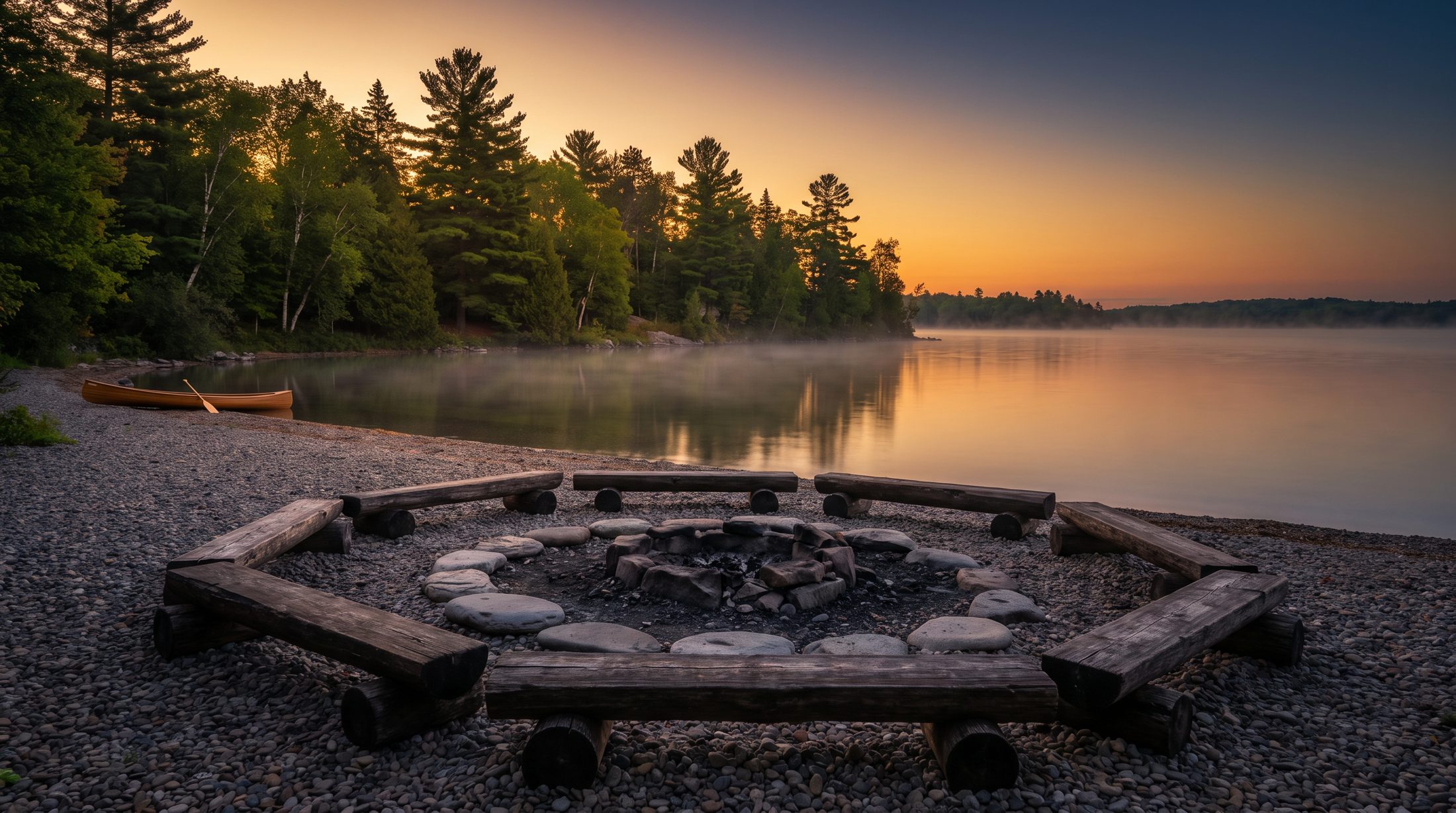 A council circle of cedar seats on the shore of Lake Couchiching at dusk